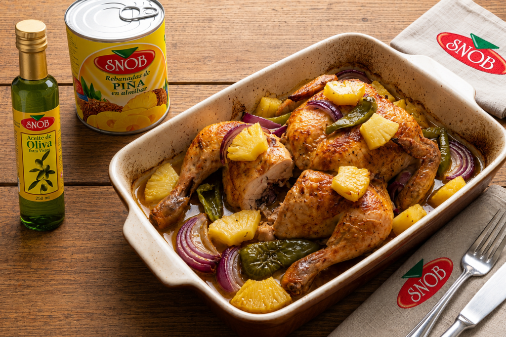 Pollo al horno con piña SNOB, cebolla morada y pimiento